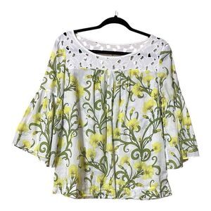 Anthropologie HD In Paris Size 10 Tunic Top Shirt Floral Eyelet Green Yellow